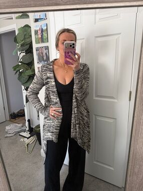 Cozy Open-Front Black & Cream Marled Cardigan Sweater